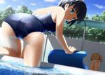  :o ass black_hair breast_envy breasts brown_hair cloud competition_school_swimsuit day from_behind green_eyes haribote_(tarao) kickboard kirigaya_suguha looking_back medium_breasts multiple_girls one-piece_swimsuit outdoors pool poolside short_hair short_twintails silica sitting sky solo_focus sunlight swimsuit sword_art_online tree twintails water wet 