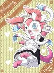  blue_eyes blush bow canine clothing coffee cup dishes eeveelution female hair_bow hm3526 looking_at_viewer maid maid_uniform mammal nintendo one_eye_closed open_mouth paws plate pok&#233;mon pok&eacute;mon striped_background sylveon video_games 