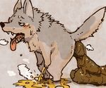  blush canine crouching feces fur grey_fur hyper hyperscat male mammal panting peeing plain_background sansh scat solo standing steam sweat urine wolf 