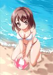  ball beach bikini brown_eyes brown_hair girlfriend_(kari) kenkou_toshikou shiina_kokomi short_hair smile solo swimsuit 