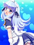  alternate_costume back bangs blue_eyes blue_hair blunt_bangs blush enmaided gloves hatsukaze_(kantai_collection) kantai_collection long_hair looking_back maid maid_headdress oborotsuki_kakeru open_mouth panties skirt solo striped striped_panties underwear white_gloves 