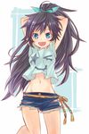  bad_id bad_pixiv_id belt black_hair blue_eyes earrings fang ganaha_hibiki idolmaster idolmaster_(classic) jewelry long_hair mikipa navel ponytail ribbon smile solo 