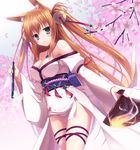  absurdres animal_ears bangs bell breasts brown_hair cherry_blossoms cleavage fan fire fox_ears fox_tail green_eyes hair_bell hair_ornament highres japanese_clothes kimono large_breasts long_hair long_sleeves looking_at_viewer original solo tail two_side_up yuzu_modoki 