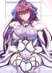  bangs bare_shoulders bed blush bow breasts cape choker commentary_request covered_nipples curtains dress erect_nipples eyebrows_visible_through_hair fate/grand_order fate_(series) fur_trim highres jewelry kazami_chiu knees_together lace_trim large_breasts long_hair looking_at_viewer pulled_by_self purple_hair red_eyes scathach_(fate)_(all) scathach_skadi_(fate/grand_order) sitting smile solo tiara underboob wide_sleeves window 