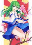  bare_shoulders clenched_hand detached_sleeves flower frog_hair_ornament gohei green_eyes green_hair hair_ornament hair_tubes highres kochiya_sanae long_hair mikan_(bananoha) open_mouth panties pantyshot smile snake_hair_ornament solo touhou underwear white_panties 