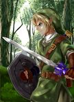  belt blonde_hair blue_eyes earrings fingerless_gloves forest gloves hat jewelry junnkinn left-handed link male_focus master_sword nature pointy_ears sheath shield solo sunlight sword the_legend_of_zelda the_legend_of_zelda:_twilight_princess weapon 