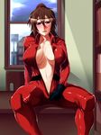  blush bodysuit breasts brown_hair center_opening cleavage commentary covered_nipples desk genb gloves hakurei_reimu highres kureha_reimu large_breasts looking_at_viewer midriff navel no_bra on_desk open_clothes open_fly open_mouth ponytail red_eyes sitting sitting_on_desk smile solo sweat touhou unzipped zipper 