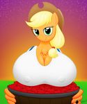  anthrofied apple applejack_(mlp) basket big_breasts blonde_hair breasts cleavage clothed clothing cowboy_hat equine female field friendship_is_magic fruit green_eyes hair hat horse mammal my_little_pony nipples overalls pony ponyboom smile sunset 