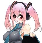  bad_id bad_pixiv_id between_breasts blush breasts cosplay detached_sleeves hatsune_miku hatsune_miku_(cosplay) headphones large_breasts long_hair necktie necktie_between_breasts nitroplus open_mouth pink_hair po._(medamaoyazi) red_eyes solo super_sonico twintails vocaloid 