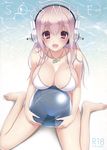  ayase_hazuki ball barefoot beachball bikini blush breasts cleavage cover cover_page doujin_cover headphones highres jewelry large_breasts long_hair looking_at_viewer navel necklace nitroplus open_mouth pendant pink_eyes pink_hair see-through shiny shiny_skin sitting smile solo strap_gap super_sonico swimsuit transparent wariza white_bikini 