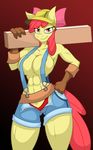  abs amber_eyes anthro anthrofied apple_bloom_(mlp) big_breasts bow breasts clothed clothing equine female friendship_is_magic gloves hair hard_hat helmet horse jrvanesbroek looking_at_viewer mammal my_little_pony navel panties pony red_hair shorts skimpy smile solo standing thong underwear wood 