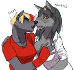  blush breasts canine duo female fleki_(character) grope lesbian mammal nimrais_(character) tongue tongue_out wolf wolfy-nail 