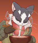  anthro clothing eating feline food japanese_text kori-nio log_horizon mammal noodles nyanta pink_nose simple_background solo text whiskers 