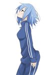  blue_eyes blue_hair jacket mahou_shoujo_madoka_magica miki_sayaka pants profile short_hair simple_background solo track_suit u_u_(mooooooou) white_background 