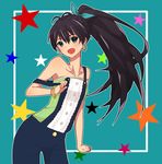  black_hair blue_eyes bracelet earrings fang ganaha_hibiki idolmaster idolmaster_(classic) jewelry long_hair mizuta_mari overalls ponytail smile solo 