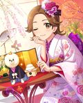  animal artist_request bracelet brown_eyes brown_hair dog flower hair_flower hair_ornament idolmaster idolmaster_cinderella_girls japanese_clothes jewelry kimono official_art one_eye_closed oota_yuu solo 