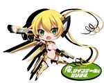  :o bin1998 blonde_hair blush boots breasts chibi copyright_name dual_wielding full_body gloves green_eyes gun holding knee_boots large_breasts long_hair mecha_musume midriff navel ore_twintail_ni_narimasu solo tailyellow thighhighs twintails underboob weapon white_background 