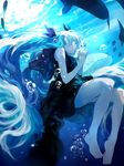  barefoot blue_hair bubble dress fish hatsune_miku long_hair ran_(pixiv2957827) shinkai_shoujo_(vocaloid) solo submerged twintails underwater very_long_hair vocaloid 