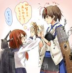  bad_id bad_pixiv_id bleeding blood brown_eyes brown_hair clapping damaged gloves high_five ikazuchi_(kantai_collection) injury japanese_clothes kaga_(kantai_collection) kantai_collection long_sleeves michimaru_(michi) multiple_girls muneate open_mouth school_uniform serafuku short_hair side_ponytail single_glove smoke star translated 