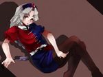  black_legwear braid breasts constellation dress hat long_hair looking_at_viewer medium_breasts nurse_cap open_mouth pantyhose rarorimiore red_cross silver_eyes silver_hair solo touhou trigram yagokoro_eirin 