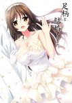  1girl :d arm_holding ashigara_(kantai_collection) bare_shoulders breasts brown_eyes brown_hair cleavage dress elbow_gloves endori flower formal gloves hairband jewelry kantai_collection large_breasts long_hair necklace open_mouth ring single_elbow_glove smile solo_focus suit text_focus wedding_band wedding_dress white_gloves 