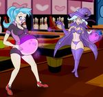 &lt;3 allie_way_(mlp) blue_hair blush boots bowling_alley bowling_ball bowling_pins bowling_shoes bra cape clothed clothing female friendship_is_magic gem gloves glowing hair hat human humanized inflation inside magic marrazan muh-arts my_little_pony not_furry panties pink_eyes ponytail shirt shocked shoes shorts table trixie_(mlp) underwear wand wizard_hat 