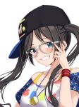  1girl bangs bare_shoulders baseball_cap bespectacled black_hair black_hat blue_eyes blush bra bra_strap breasts commentary_request eyebrows_visible_through_hair floating_hair glasses grin hand_on_eyewear hand_up hat highres idolmaster idolmaster_shiny_colors jewelry long_hair looking_at_viewer mitsumine_yuika necklace off_shoulder parted_bangs schreibe_shura shirt short_sleeves sidelocks sideways_hat silver-framed_eyewear simple_background small_breasts smile solo teeth twintails underwear upper_body white_background white_shirt wristband yellow_bra 