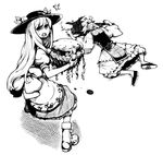  banned_artist blood boots dress dying_message greyscale hat hinanawi_tenshi lying monochrome multiple_girls okoge_senbei on_stomach rock rope shimenawa skirt touhou yakumo_yukari 