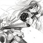  aiming aiming_at_viewer akemi_homura bad_id bad_pixiv_id bangs battle beret black_hair boots corset drill_hair dual_wielding duel eyelashes greyscale gun hairband handgun hat holding holding_gun holding_weapon line_shading long_hair magical_musket mahou_shoujo_madoka_magica monochrome motion_lines multiple_girls serious simple_background skirt split_image sweat tomoe_mami uruo weapon white_background 