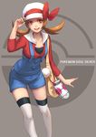  adjusting_clothes adjusting_hat bag brown_eyes brown_hair cabbie_hat copyright_name grey_background handbag hat hat_ribbon highres kazeo-yuurin kotone_(pokemon) open_mouth overalls poke_ball_theme pokegear pokemon pokemon_(game) pokemon_hgss red_ribbon ribbon smile solo thighhighs twintails white_legwear 