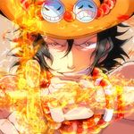  1boy black_hair fire freckles grin hat looking_at_viewer male male_focus namatyoco one_piece portgas_d_ace smile solo 