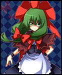  alternate_costume bad_id bad_pixiv_id bow checkered checkered_background green_eyes green_hair highres kagiyama_hina long_hair nosada ribbon thread touhou 