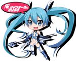  :d bin1998 blue_eyes blue_hair blush boots chibi copyright_name elbow_gloves full_body gloves knee_boots leotard long_hair mecha_musume open_mouth ore_twintail_ni_narimasu polearm smile solo spear tailblue thighhighs twintails weapon white_background 
