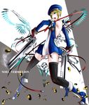  beret black_legwear blazblue blazblue_insignia blonde_hair blue_footwear bolverk boots character_name detached_sleeves dual_wielding gloves green_eyes gun handgun hat holding kinakogm necktie noel_vermillion short_hair solo thighhighs weapon 