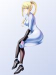  ass blonde_hair blue_eyes blush bodysuit breasts crossed_legs highres long_hair medium_breasts metroid ponytail samus_aran sitting solo tamamon zero_suit 