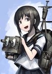  :d black_eyes black_hair braid cannon fubuki_(kantai_collection) hetza_(hellshock) kantai_collection long_hair looking_at_viewer open_mouth school_uniform serafuku short_ponytail short_sleeves skirt smile solo turret 