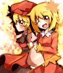  aki_minoriko aki_shizuha blonde_hair blush hat highres leaf multiple_girls nosada open_mouth short_hair siblings sisters smile touhou yellow_eyes 