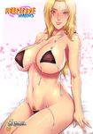  1girl bikini blonde_hair blush breasts facial_mark forehead_mark huge_breasts long_hair naruto niicko pubic_hair pubic_hair_peek red_eyes sitting smile solo swimsuit tsunade wet 