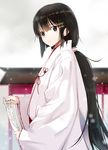  black_eyes black_hair chihaya_(clothing) japanese_clothes long_hair machimura_komori miko ofuda original ponytail smile solo 