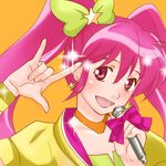  1girl aino_megumi cure_lovely happinesscharge_precure! happy looking_at_viewer lowres macross macross_frontier nakajima_megumi open_mouth precure ranka_lee seiyuu_connection simple_background smile solo 