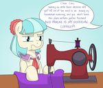  blue_eyes coco_pommel_(mlp) dialog drako1997 equine female friendship_is_magic hair horse mammal my_little_pony pony sewing sewing_machine text two_tone_hair unamused unhappy vulgar working 