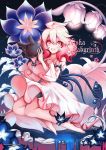  1girl bare_shoulders collarbone crayon_(medium) elsword eyebrows_visible_through_hair floral_background gradient_hair highres koya10305 laby_(elsword) multicolored_hair sharp_teeth sitting smile spirit teeth traditional_media 