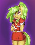  3mangos anthro clothing equine female green_hair hair horse looking_at_viewer mammal mango_(character) my_little_pony original_character pony purple_background solo 