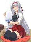  :d ^_^ blush bowl closed_eyes cushion dd_(ijigendd) hairband japanese_clothes kantai_collection knees_together_feet_apart long_hair muneate ohitsu open_mouth rice rice_bowl rice_cooker rice_spoon shoukaku_(kantai_collection) silver_hair sitting skirt smile solo thighhighs wariza 