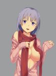  akino_komichi areolae breasts cardigan large_breasts no_bra off_shoulder original purple_eyes red_scarf scarf short_hair silver_hair sleeves_past_wrists solo unbuttoned upper_body 