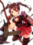 aiming aircraft airplane arrow azure_(capriccio) blush boots bow_(weapon) drawing_bow hair_ribbon holding holding_arrow holding_bow_(weapon) holding_weapon japanese_clothes kantai_collection muneate open_mouth outstretched_arm red_eyes ribbon skirt solo thigh_boots thighhighs twintails weapon zuikaku_(kantai_collection) 