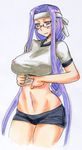  anus ass blush breasts censored cleavage covered_nipples erect_nipples fate/stay_night fate_(series) glasses huge_ass kikuta large_breasts long_hair midriff purple_hair rider shorts 