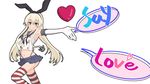  anchor animal_ears banchii black_panties blonde_hair blush bunny_ears elbow_gloves english fake_animal_ears gloves grey_eyes hairband heart highres kantai_collection long_hair looking_at_viewer midriff miniskirt navel panties pleated_skirt sailor_collar shimakaze_(kantai_collection) simple_background skirt smile solo striped striped_legwear thighhighs thong underwear white_background white_gloves 
