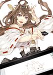  ahoge brand_name_imitation brown_hair cat detached_sleeves double_bun drawing hair_ornament hairband japanese_clothes kantai_collection kongou_(kantai_collection) kurokoeda long_hair nontraditional_miko open_mouth purple_eyes solo stylus tablet wacom 