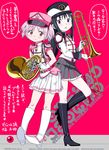  akemi_homura band_uniform black_hair blush boots cover cover_page doujin_cover french_horn fuwa_daisuke gloves hairband hat instrument kaname_madoka long_hair mahou_shoujo_madoka_magica majorette multiple_girls pink_eyes pink_hair purple_eyes short_hair short_twintails skirt smile translation_request trombone twintails uniform 